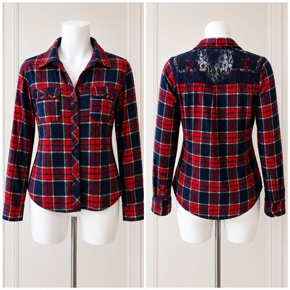 Wet Seal Plaid Flannel Shirt Womens Large Red Blue Button Front Cotton lace back